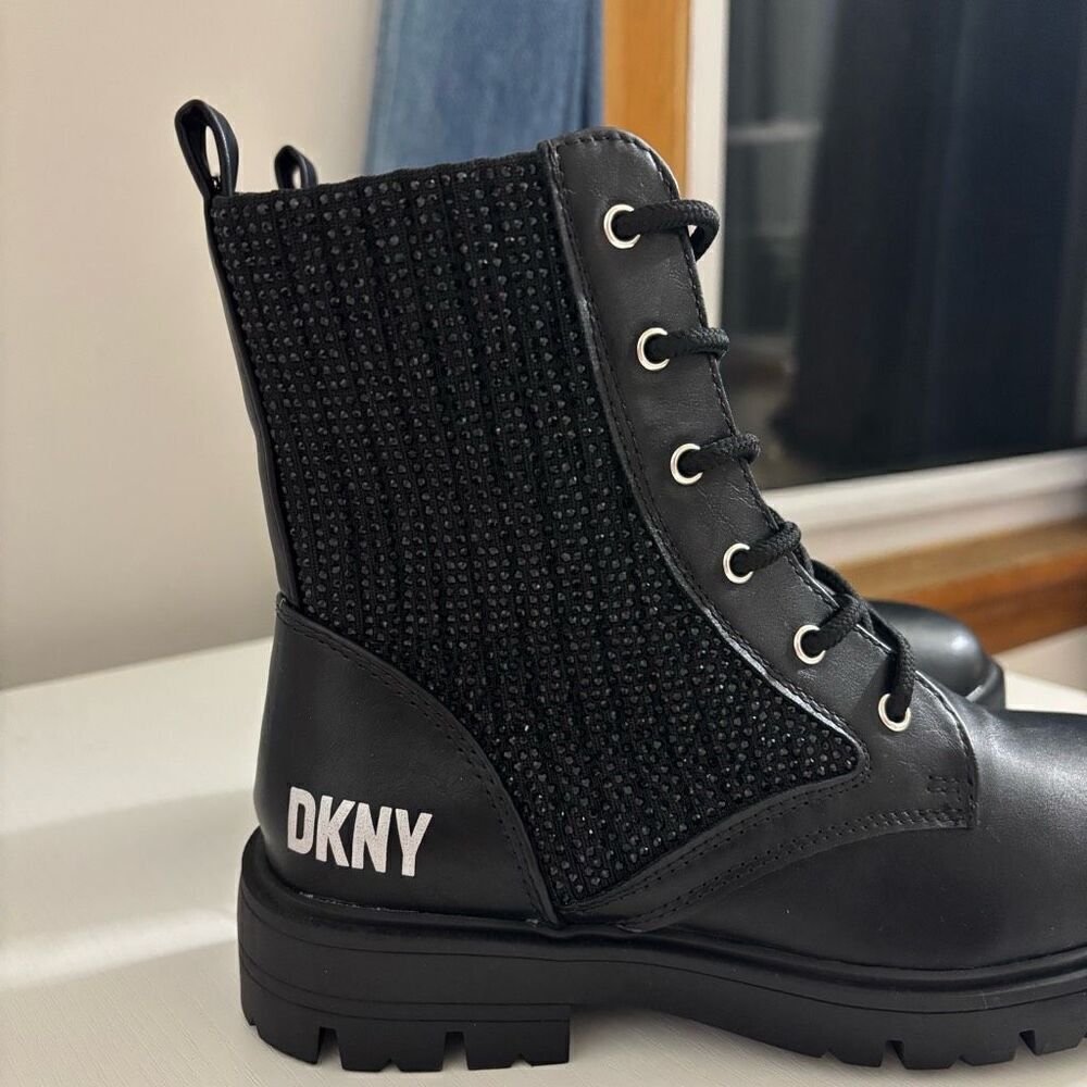 DKNY Black Faux Leather Crystal Side Zip Combat Boots Youth Girls Size 3 New - Picture 4 of 11